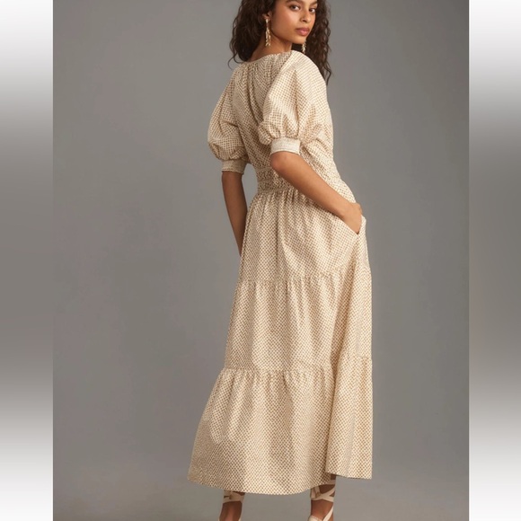 Anthropologie Somerset Abstract Dot Puff Sleeve Tiered Maxi Dress White Tan NWT - Picture 3 of 12